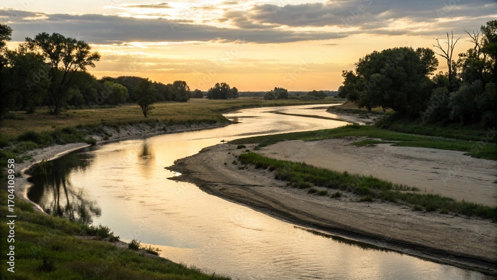 Fototapeta premium Winding River at Dusk with Sandbanks Calm River Flowing Through Sandbanks at Sunset Meandering River Landscape at Twilight Peaceful River Scene with Soft Evening Light