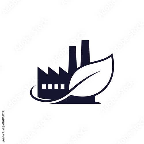 Iconic city skyline vector with industrial building silhouettes and leaf icons for eco-friendly factory industry