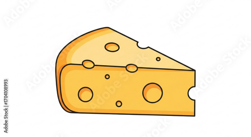 Cartoon illustration of a piece of cheese, showcasing its yellow color, holes, and classic wedge shape in a simple, playful style