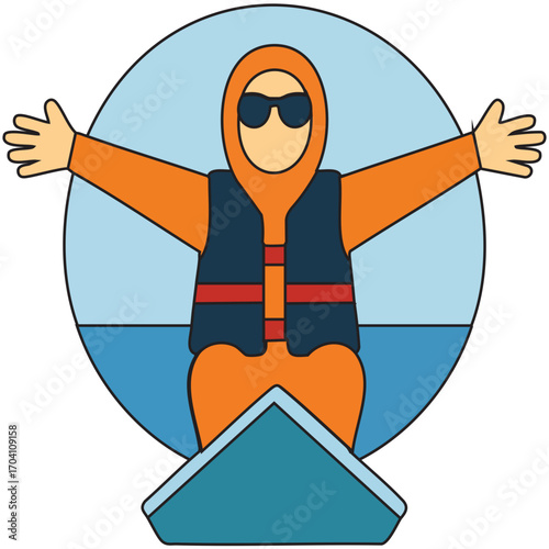 Vector art of an individual enjoying kayaking in a life preserver, an icon for outdoor adventure and safety