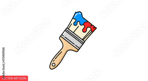 Paint brush with blue and red paint dripping artistic tool for painting and decorating with colorful drips