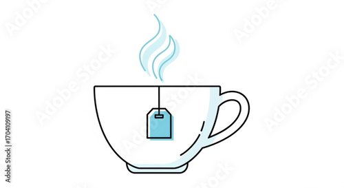 Cup of tea with steam and tea bag hot beverage for relaxation and refreshment with aromatic steam