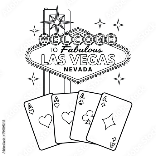 Black and white line art illustration of Las Vegas welcome sign with decorative stars and four playing cards in fan formation