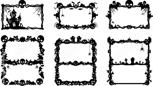 Set of scary frame border silhouette isolated on white backgrounf for Halloween day. Collection of halloween frame decoration vector illustration
