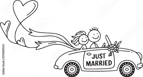 Newlyweds' Joyride: An illustrated depiction of a cheerful couple joyfully riding in a vintage convertible, festooned with hearts and a Just Married banner, celebrating their new beginning.