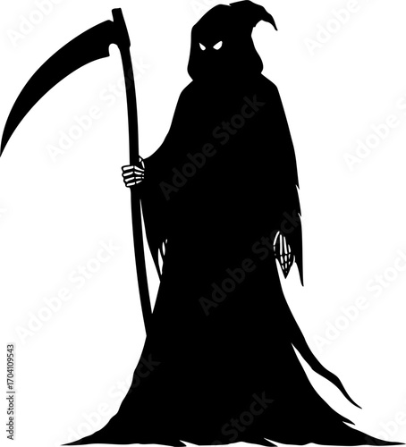 grim reaper silhouette in modern style, black design on white background
