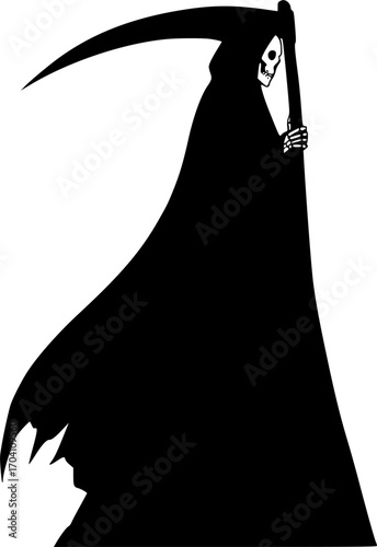 grim reaper silhouette in modern style, black design on white background
