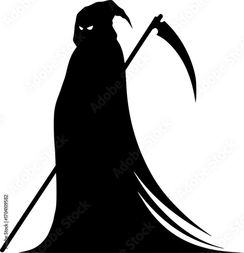 grim reaper silhouette in modern style, black design on white background
