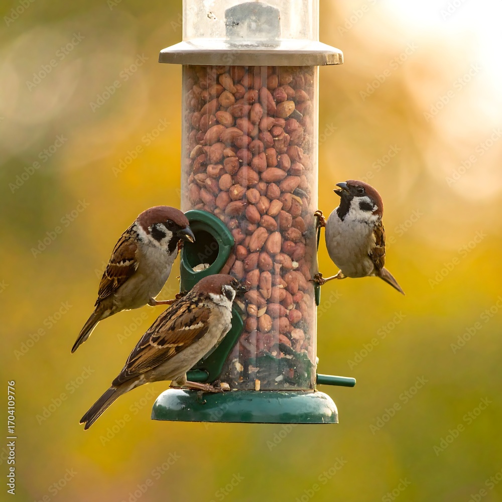 Naklejka premium Sparrows at a peanut feeder