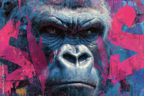 Gorilla Street Art Portrait on Abstract Wall