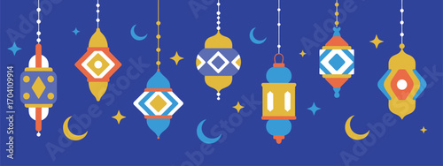 Traditional Turkish Mosaic Lamps Vector – Ornate Eastern Style Hanging Lanterns – Ethnic Flat Design with Blue Background – EPS 10 Illustration for Web, Banner, or Decor