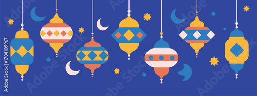 Traditional Turkish Mosaic Lamps Vector – Ornate Eastern Style Hanging Lanterns – Ethnic Flat Design with Blue Background – EPS 10 Illustration for Web, Banner, or Decor