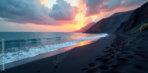 Dark volcanic sand, dramatic Caspian coastline , beach, sea