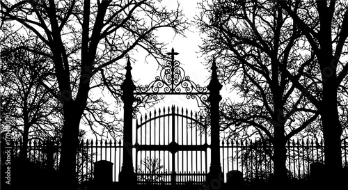 Silhouette of a graveyard gate with dead trees isolated on white background
