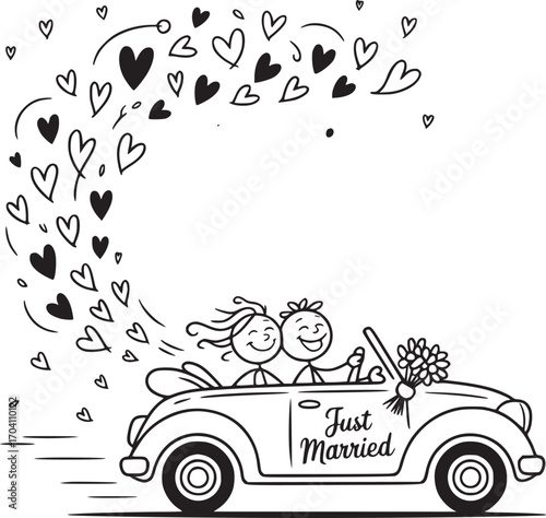 Just Married Car with Hearts: A whimsical line art illustration captures a joyous moment, where a newlywed couple rides off in their wedding car.