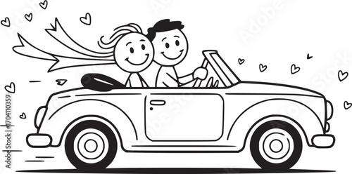 Just Married: A whimsical illustration captures the pure joy of a newlywed couple embarking on their journey, heart symbols fluttering around them.