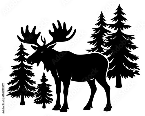Moose standing in forest silhouette illustration