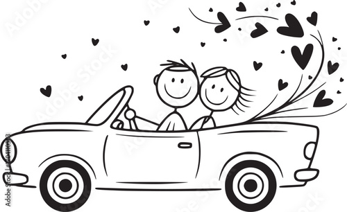 Romantic Road Trip: A stick figure couple embarks on a heart-filled road trip in a classic convertible, symbolizing love, adventure, and shared journey.