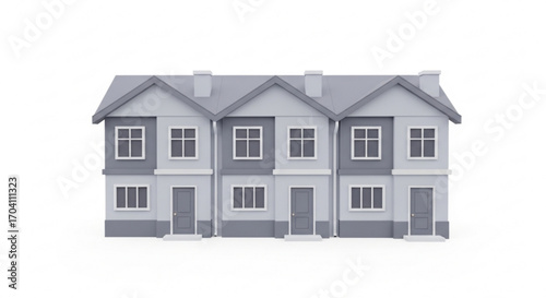Three identical townhouses in a row, symbolizing suburban living, real estate, and home ownership, represents modern architecture