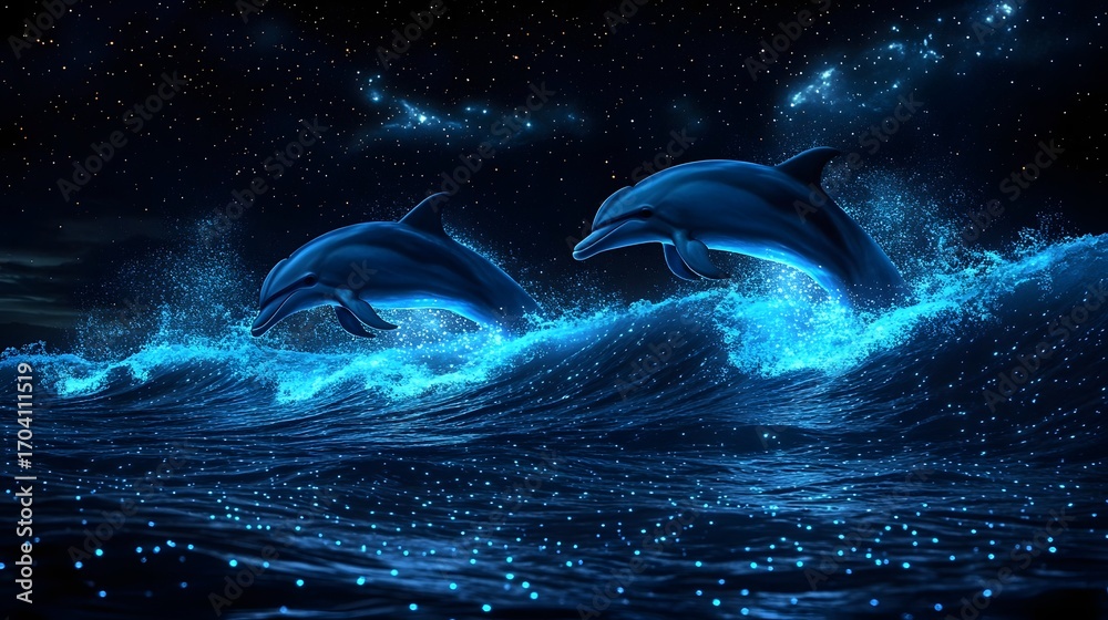Obraz premium Dolphins leaping through glowing bioluminescent waves under a starry night sky