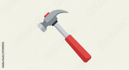 A classic claw hammer with a red handle, symbolizing construction, repair, and the essential tool for carpentry