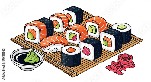 Delicious sushi rolls assortment with salmon, avocado, cucumber, and tuna, perfect for a japanese cuisine lover