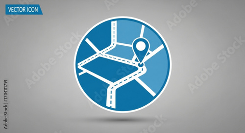 A blue map icon with a location pin and road network, representing navigation, travel, and geographic positioning on a neutral background