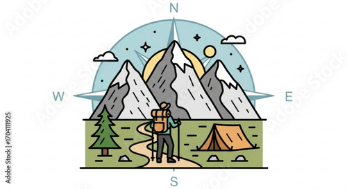 A mountain range with a hiker, tent, and compass a simple and cute illustration for outdoor adventure and nature