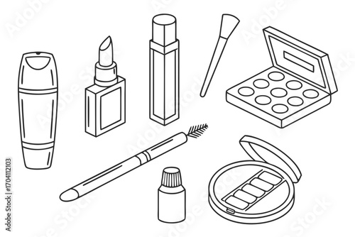 Outline makeup set beauty products cosmetics vector illustration drawing eyeshadow lipstick brush mascara on transparent background