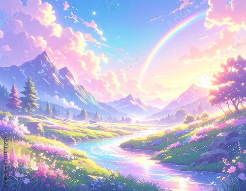 Pastel mountain valley at dawn
