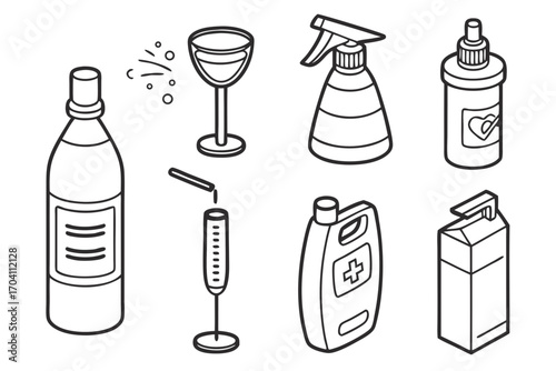 Outline vector drawing of various bottles and containers for liquid products and cleaning solutions design 100 on transparent background