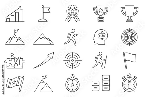 Achievement and success icons vector set, goal setting, business growth, personal development, target reach on transparent background