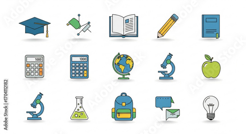 A collection of school supplies icons, representing education, learning, and academic resources