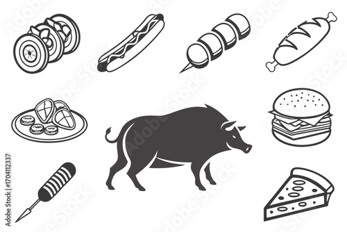 Illustration of barbecue grill food including meat burger pizza and wild boar for summer party picnic on transparent background