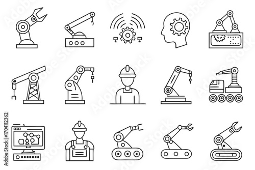 Industrial automation robotic arm technology line icons set vector illustration manufacturing engineering concept on transparent background