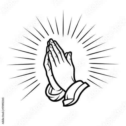 Praying Hands with Radiant Rays on White Background Keywords: prayer, praying hands, religion