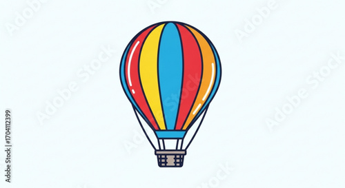 A colorful hot air balloon with red, yellow, and blue stripes floats against an, symbolizing adventure and travel