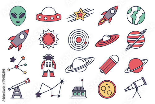Explore outer space with this fun vector art featuring planets rockets and alien spaceship for kids design on transparent background
