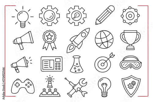 Startup business icons vector set idea innovation development strategy marketing technology concept illustration on transparent background
