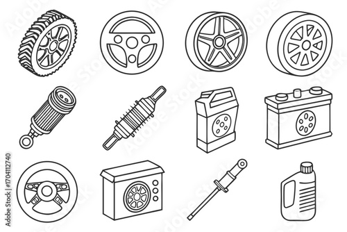Automotive parts and accessories vector illustration featuring tires wheels and steering wheels for car repair on transparent background