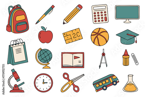 Back to school supplies and education elements vector illustration for teachers and students design concept on transparent background
