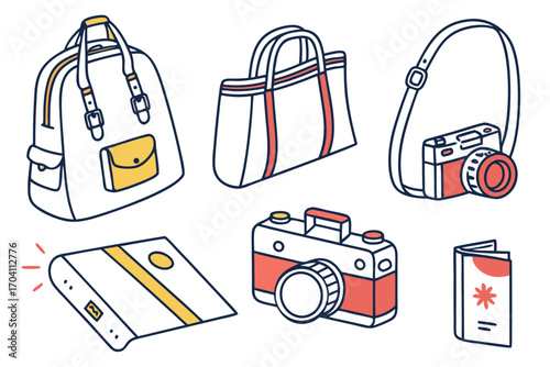 Travel essentials vector illustration featuring bags cameras and guidebooks perfect for trip planning designs on transparent background