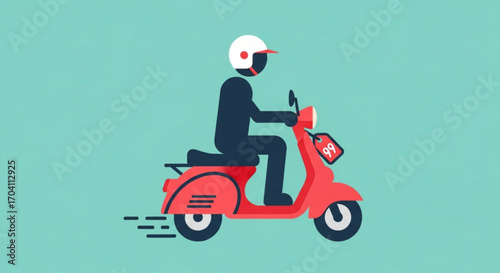 A delivery man with a helmet riding a red scooter with a price tag on a light blue background, perfect for illustrating fast and efficient service