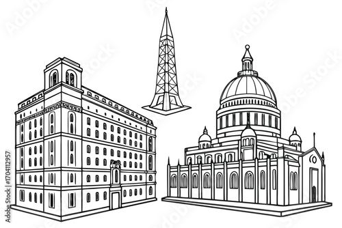 Architecture line art of building structure landmark drawing outline sketch illustration vector historical site on transparent background
