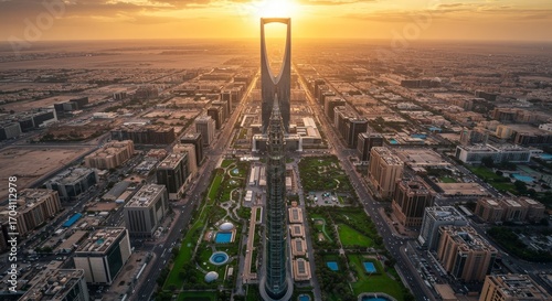 Drone aerial of Riyadh city with Kingdom Tower and green decorations