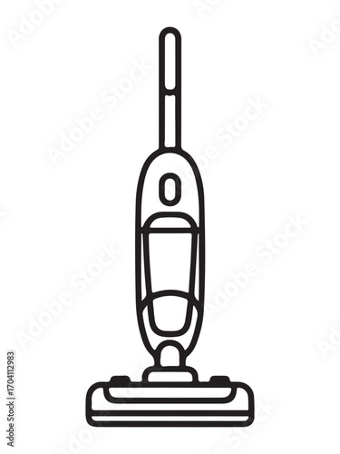 Simple black and white illustration of a canister vacuum cleaner.