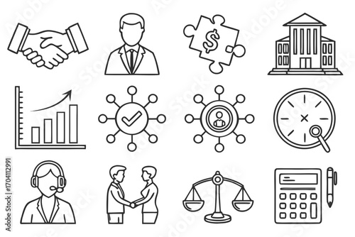 Business finance icons set vector graphic, investment, banking, handshake, graph, clock, calculator, puzzle on transparent background