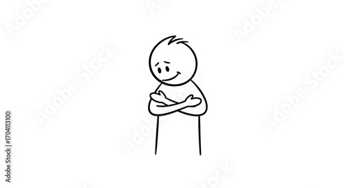 Smiling stick figure with crossed arms. Modest, shy, or content cartoon character illustration.