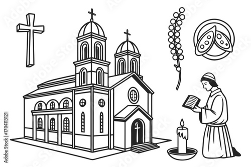 Christian church building vector illustration with cross prayer candle and religious symbols drawing line art on transparent background