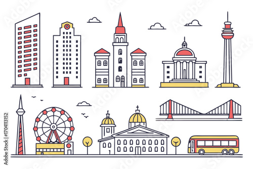 Cityscape skyline vector illustration with buildings tower bridge ferris wheel bus and architectural landmarks on transparent background